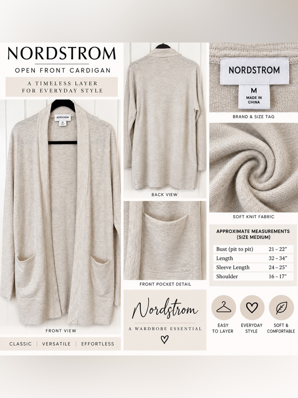 Nordstrom Open Front Cardigan - Oatmeal/Cream Heather Medium - Picture 3 of 3